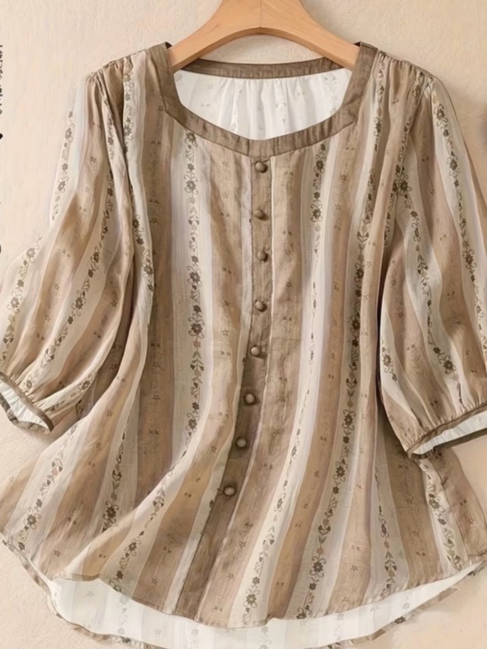 Sheer Floral Stripe Women’s Top - White with Brown Trim 
3/4 sleeves